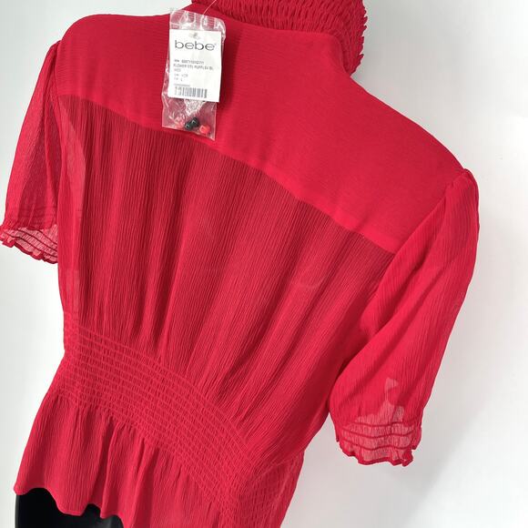 Bebe NEW Silk Flower Detail Puff Sleeve Peplum Blouse L Red Beads Smocked Sheer - Picture 6 of 9